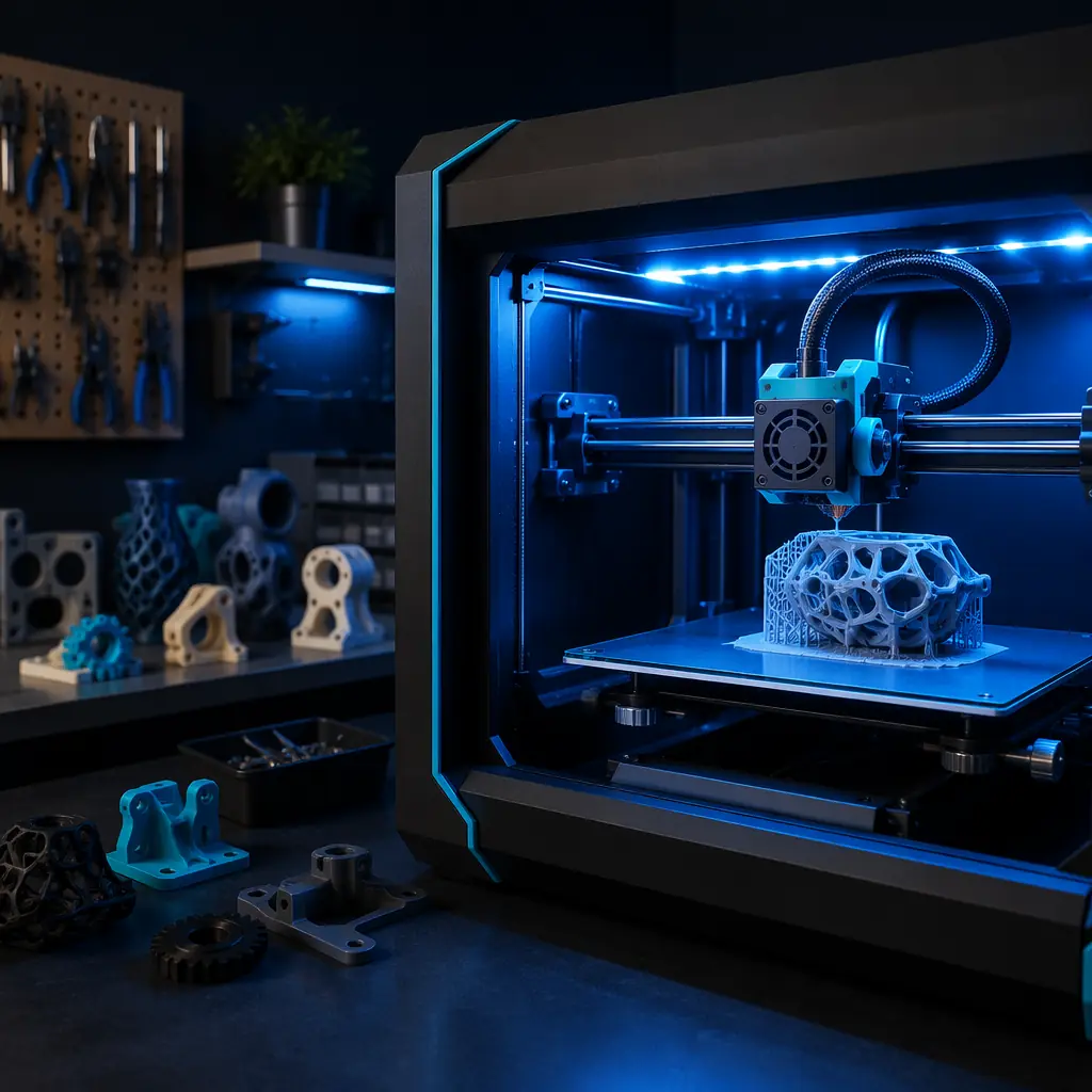 3D printer running print job at night, LED-lit print chamber, finished print collection on shelf nearby, maker workshop atmosphere, blue LED glow on dark navy background