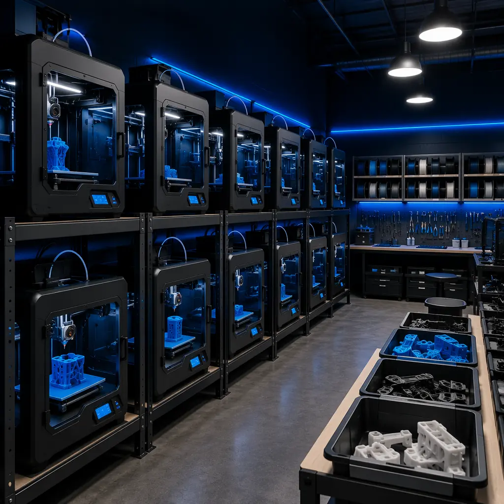 Multiple 3D printers operating simultaneously in print farm setup, rows of identical machines, finished parts collection area, professional workshop environment, electric blue accent lighting on deep navy walls