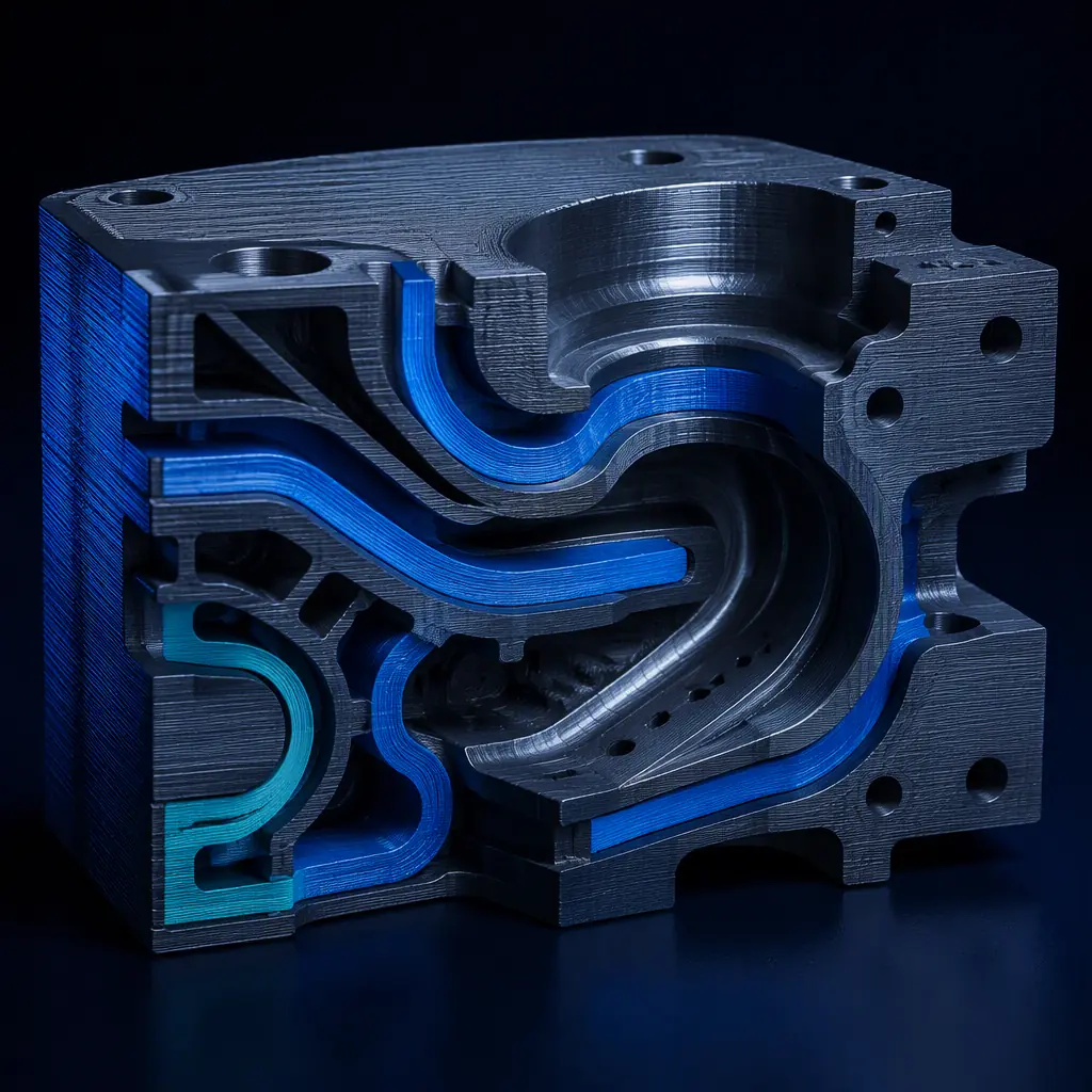 Macro engineering cross-section of a 3D printed mold insert revealing curved conformal cooling channels that follow the part contour, precise engineered-material surface, deep navy ambient with electric blue accent, no text, no logos