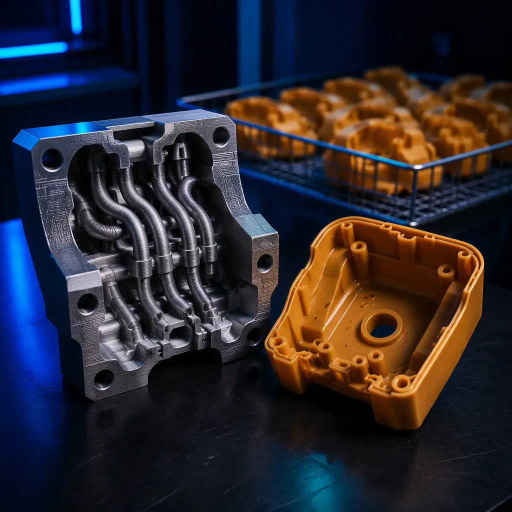 A 3D printed conformal cooling mold insert held alongside a warm injection-molded plastic part on a dark production bench, molded parts cooling rack behind, precise engineered-material surface, deep navy ambient with electric blue accent, no text, no logos