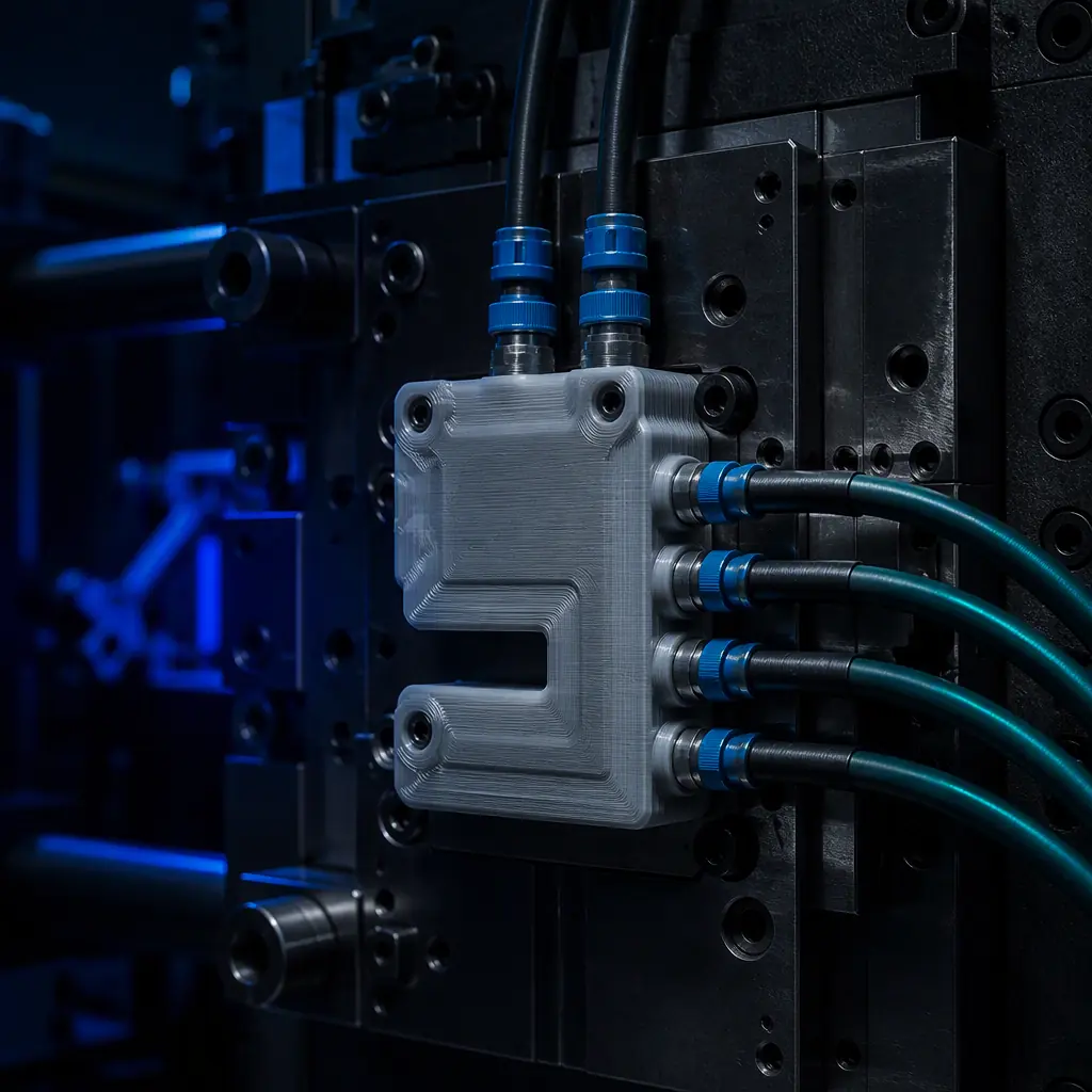 A 3D printed cooling-channel clamp block and manifold mounted into a dark injection mold tool near a molding press, machine-shop tooling context, precise engineered-material surface, deep navy ambient with electric blue accent, no text, no logos