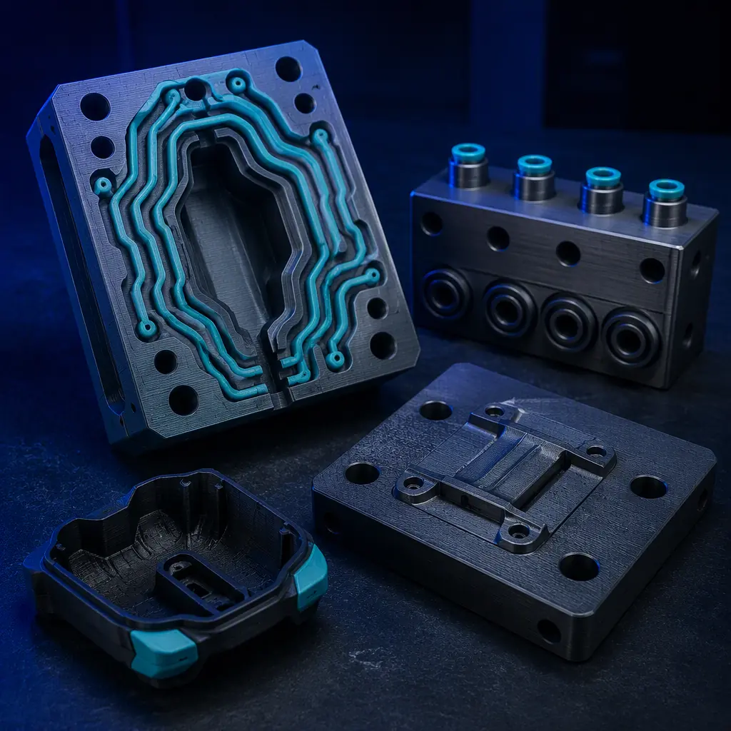 Array of 3D printed conformal-cooling tooling laid on a dark bench: mold insert with cooling channel bore, coolant manifold block, clamp plate, molded plastic part, cast in matte black reinforced polymer with teal accent, deep navy ambient, no text, no logos