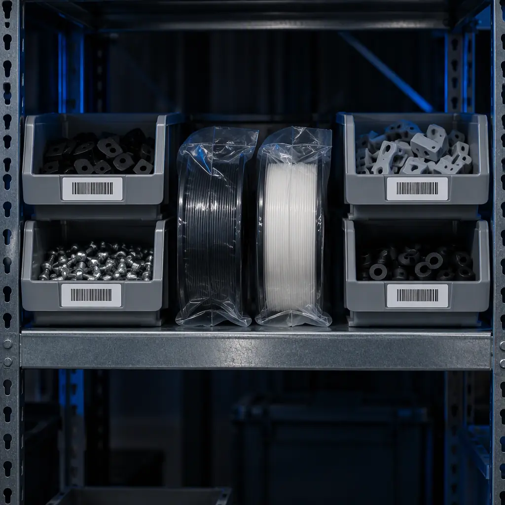 Industrial metal shelving unit holding labelled spare parts bins and sealed filament spools at a customer site, barcode labels visible, dark warehouse, blue accent lighting