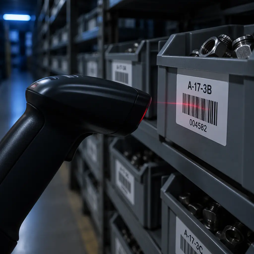 Close-up of a barcode scanner reading a parts bin label on industrial shelving, several labelled bins in soft focus behind, dark interior, blue accent lighting