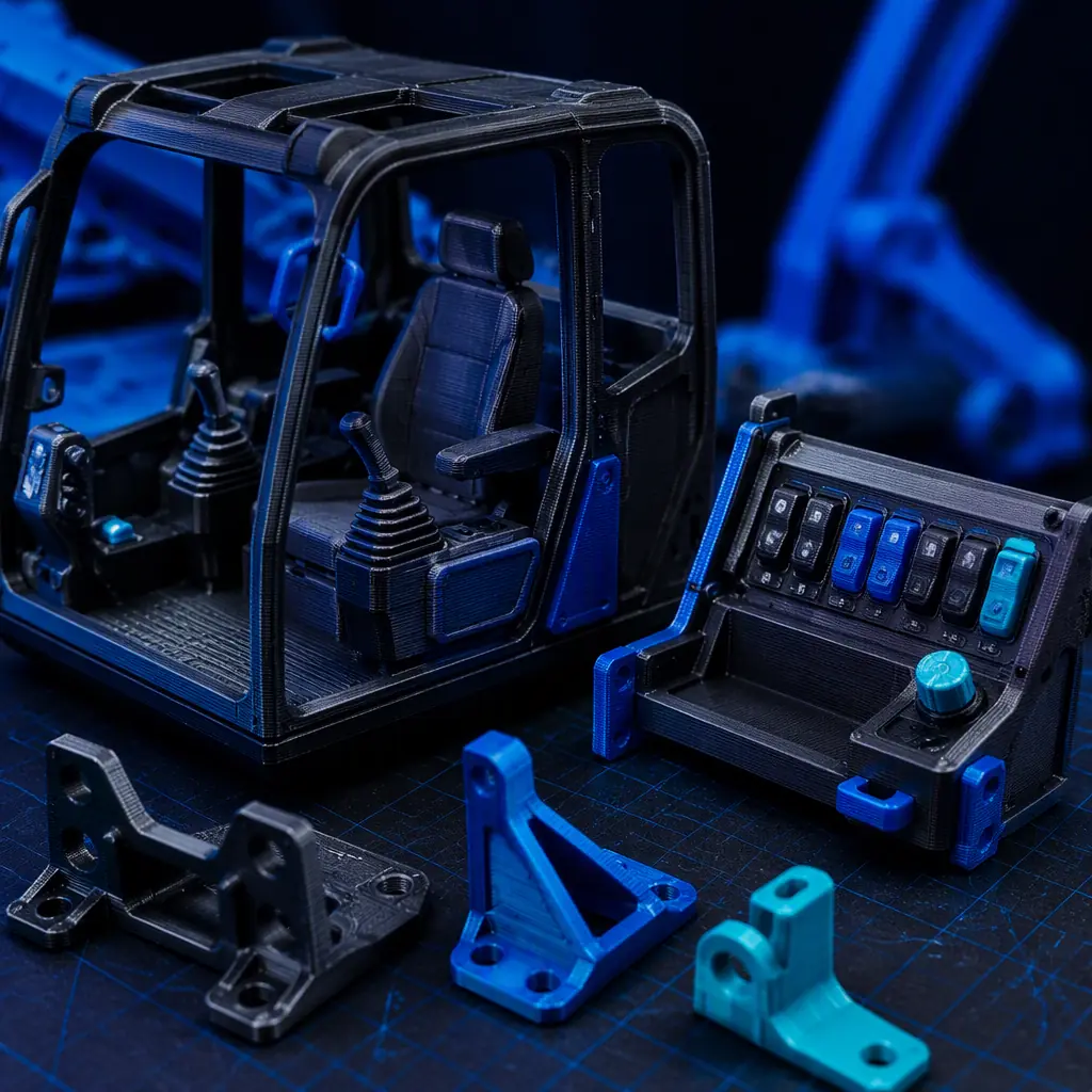 Macro close-up of 3D printed excavator cab interior components and switch panel brackets on a workbench, printed layer lines visible, studio lighting