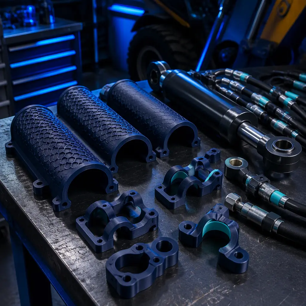 3D printed hydraulic cylinder covers and hose guides on a workbench in a heavy equipment workshop, metal hydraulic parts beside printed ones, studio lighting