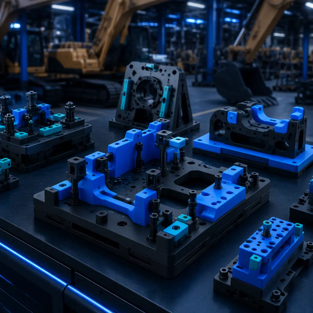 3D printed assembly jigs and fixture blocks for construction machinery production line, heavy equipment factory setting, studio lighting