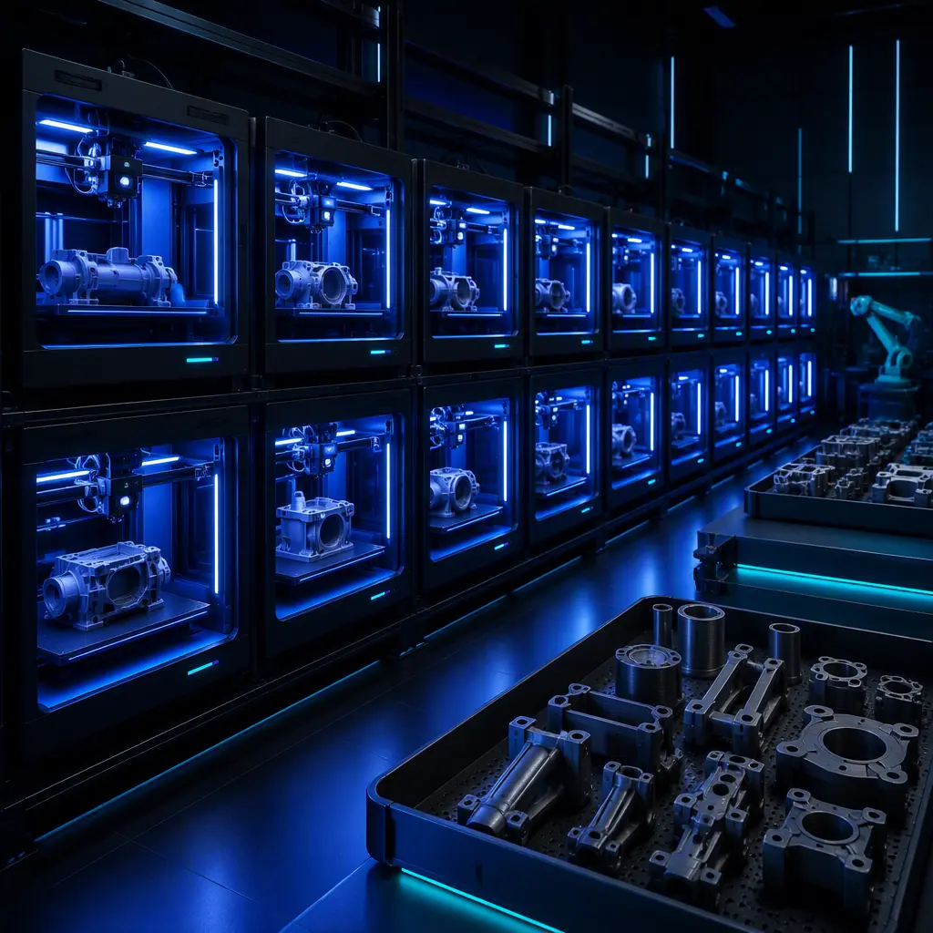 Row of identical 3D printers producing heavy equipment spare parts in a print farm, LED-lit chambers, finished parts collection area, studio lighting