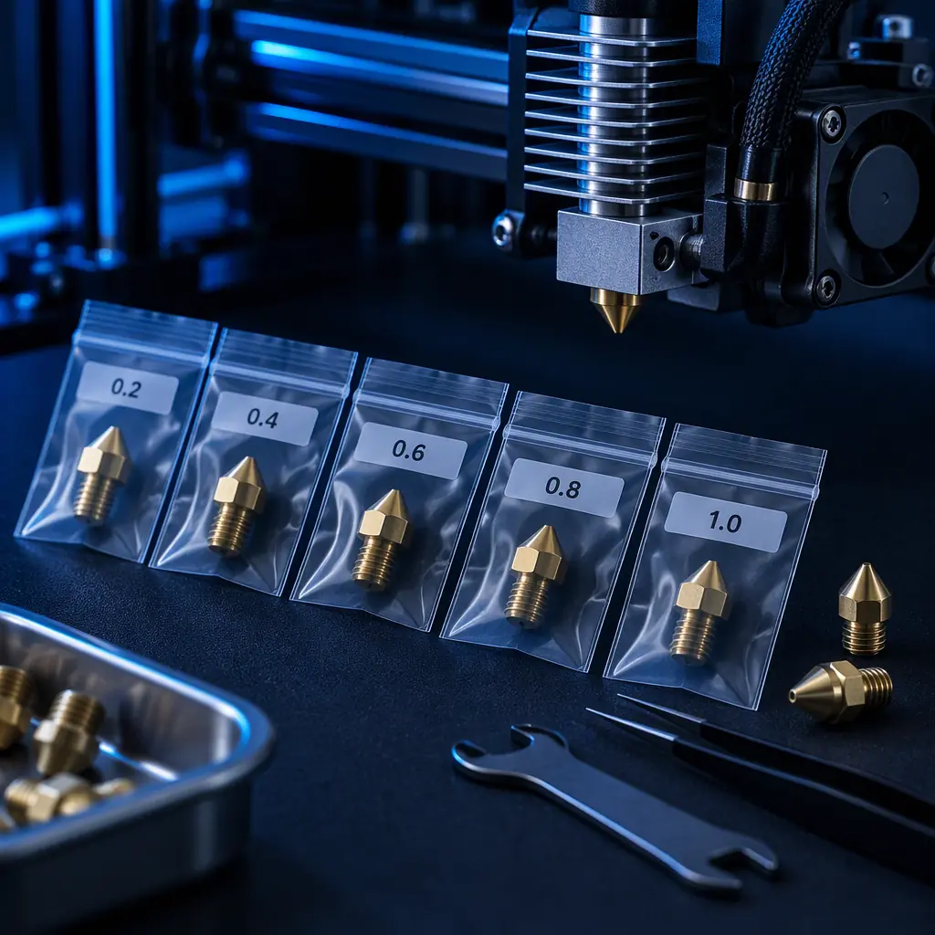 An open starter kit box beside an industrial 3D printer, nozzles, filament spools, tools and labelled pouches laid out in a grid, dark surface with blue accent lighting