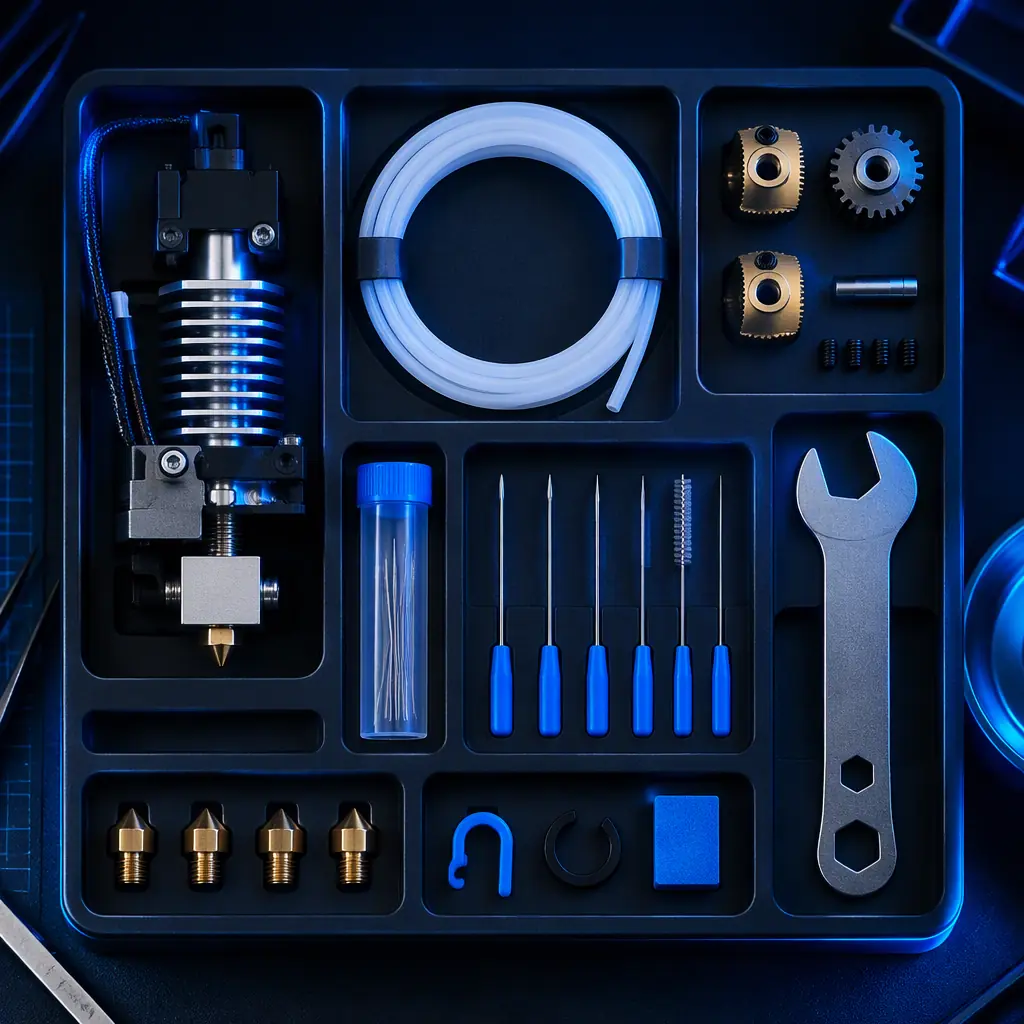 Labelled consumable kit pouches and spare part boxes arranged on a dark benchtop beside an industrial 3D printer hotend, blue accent lighting