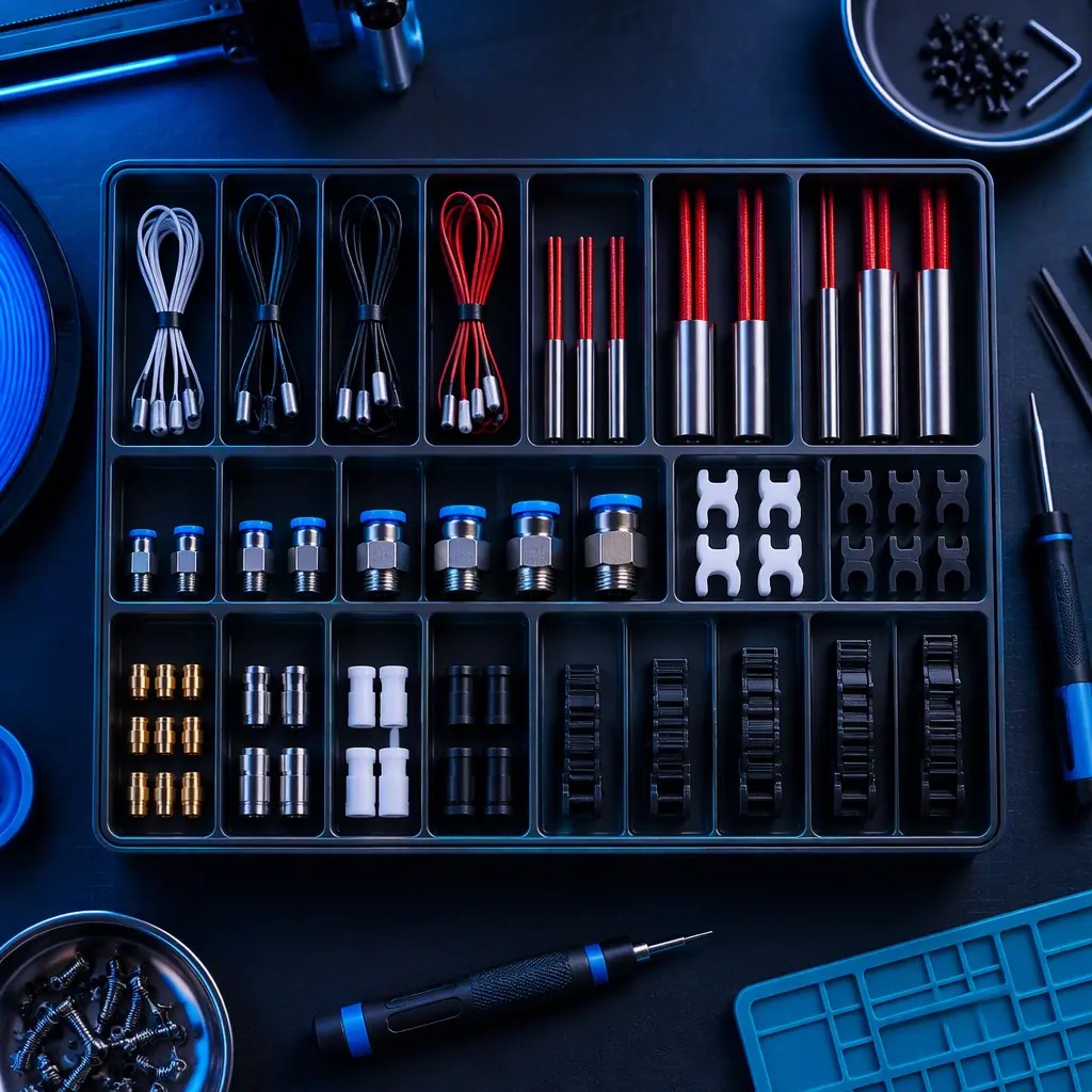 A labelled compartment tray holding 3D printer spare parts arranged by size on a dark anti-static mat
