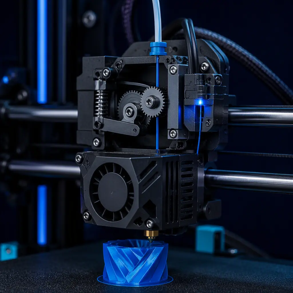 Consumer 3D printer on a home workshop bench producing a functional replacement part, filament spool mounted above