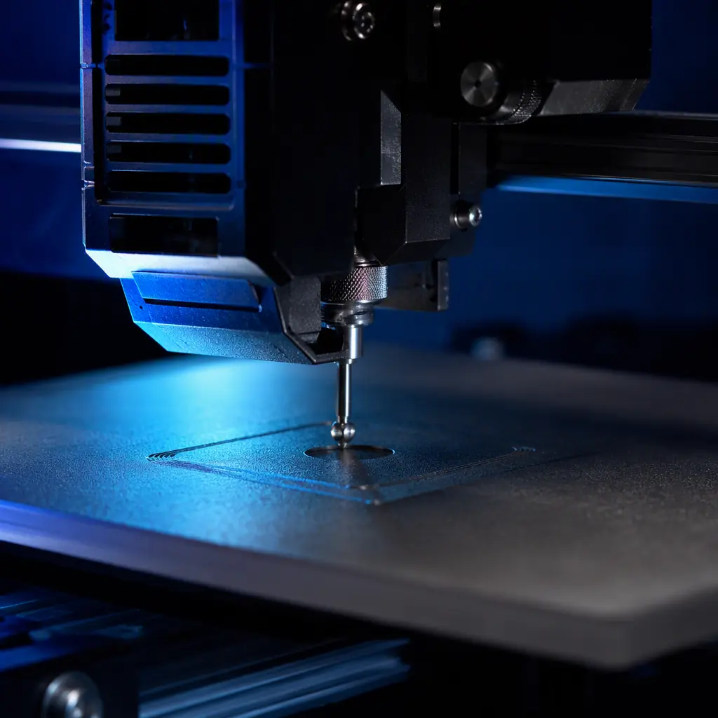 3D printer mid-print with a failed print detection pause, filament runout sensor visible on the filament path