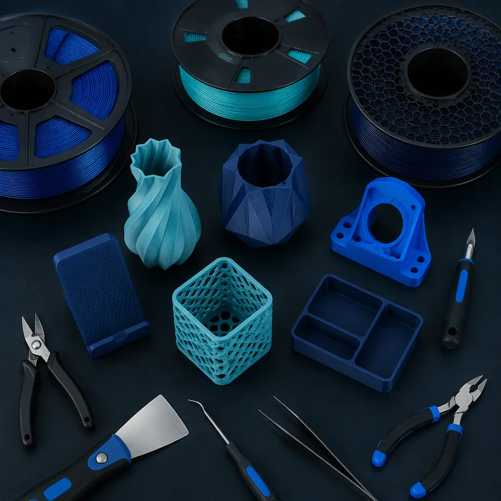 Small batch of finished 3D printed consumer products arranged on a workbench with filament spools and finishing tools