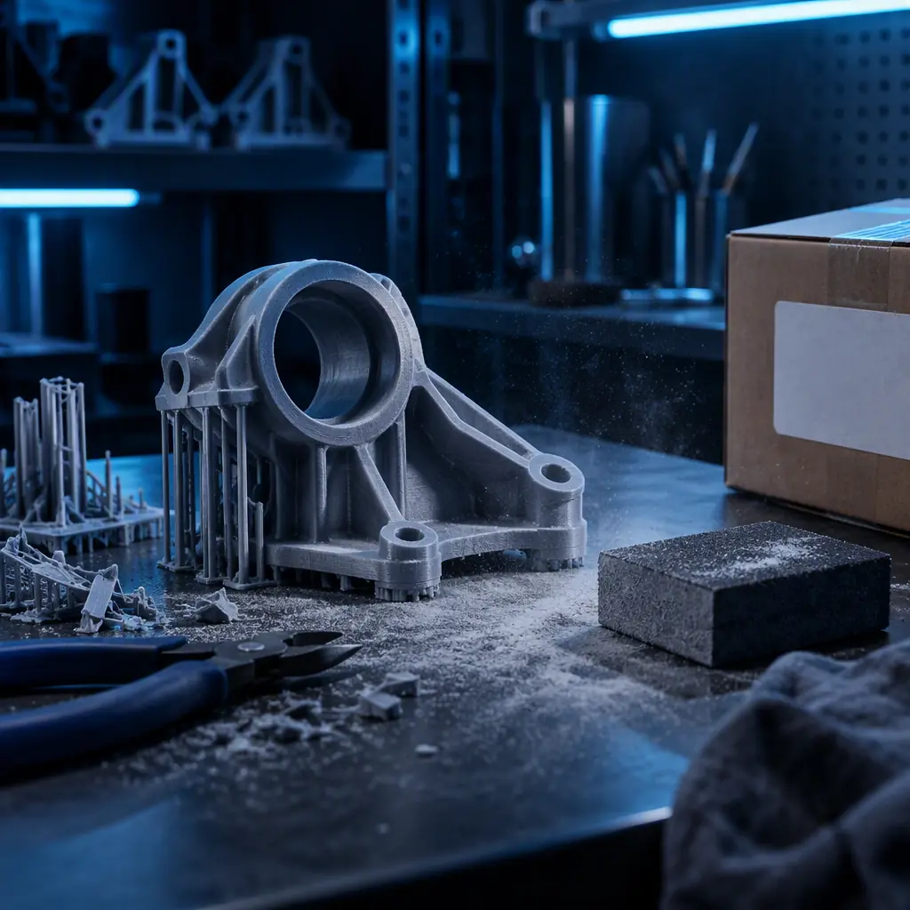 Photograph of a workshop bench with a printed engineering component mid-finishing, sanding block and support removal tools alongside, next to a shipping box bearing a bureau label