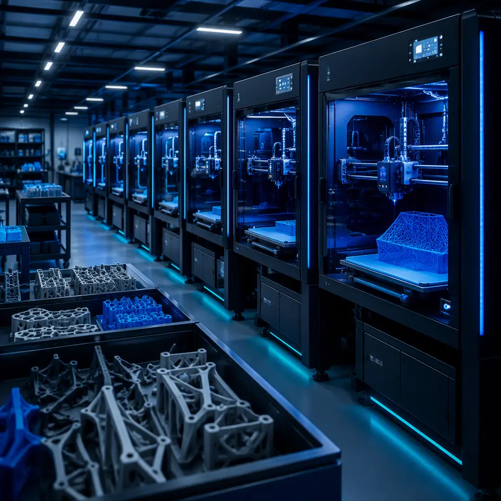 Rows of identical 3D printers running a production batch in a print farm, LED-lit print chamber, finished parts collection area
