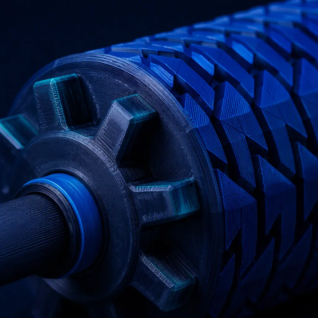 Macro close-up of a 3D printed crowned conveyor roller with its printed wear-strip sleeve, smooth reinforced polymer surface with fine layer lines, precise engineered-material surface, deep navy ambient with electric blue accent, no text, no logos