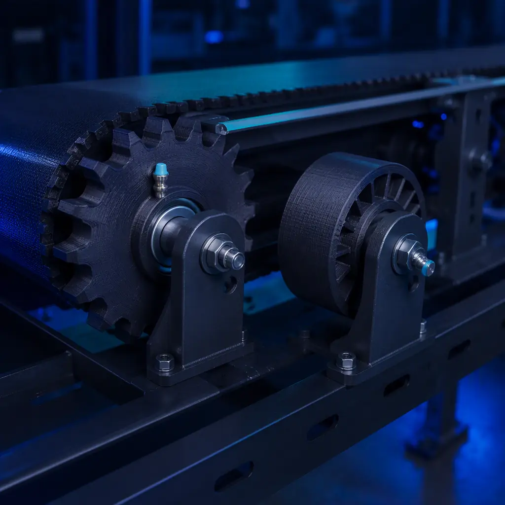 A 3D printed conveyor drive sprocket and idler roller installed on a dark conveyor frame with a belt and lube points, factory production-line context, precise engineered-material surface, deep navy ambient with electric blue accent, no text, no logos