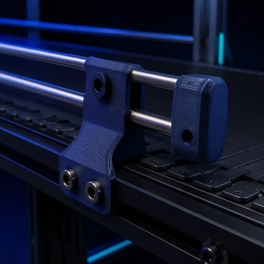 A 3D printed guide-rail bracket and end-cap mounted to a dark conveyor transfer line, steel rails, precise engineering fit, factory production-line context, deep navy ambient with electric blue accent, no text, no logos