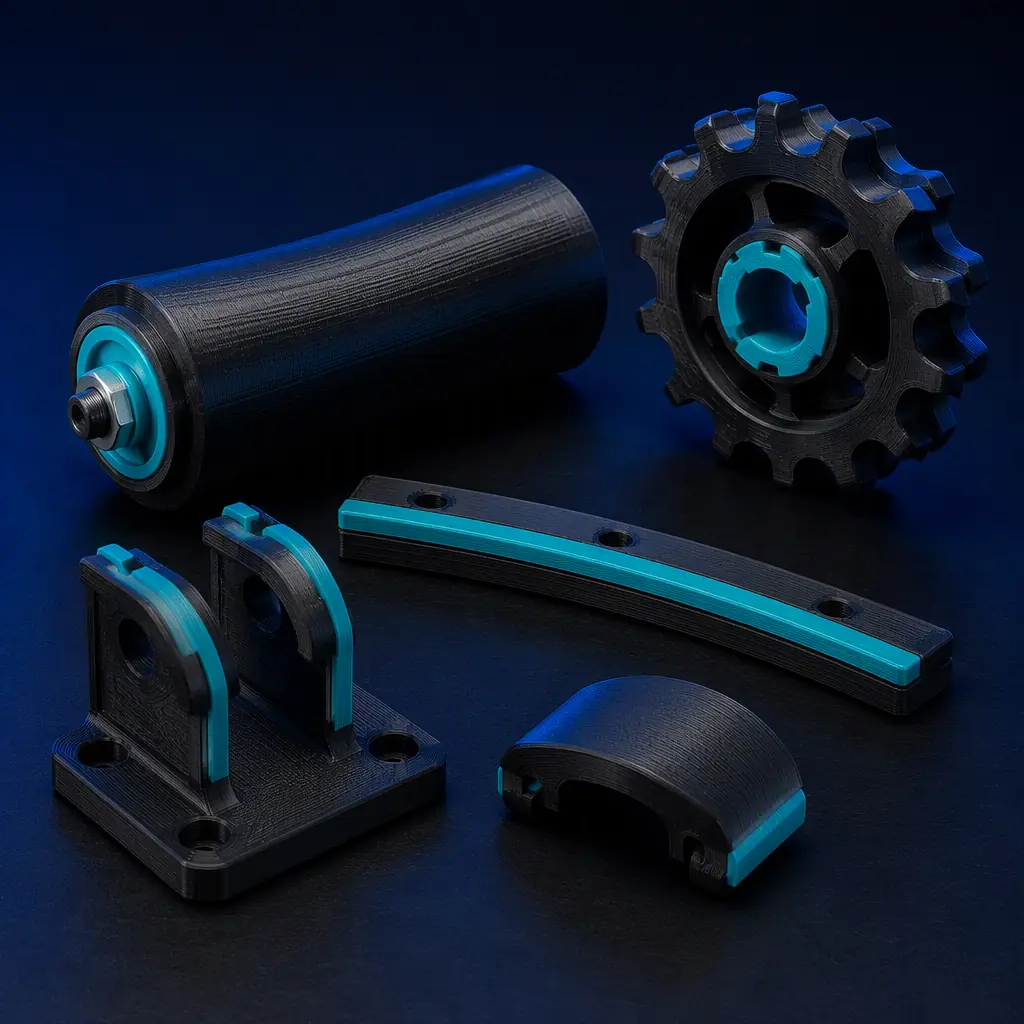 Array of 3D printed conveyor components on a dark bench: crowned roller, wear strip, drive sprocket, guide-rail bracket, end-cap, cast in matte black reinforced polymer with teal accent, deep navy ambient, no text, no logos