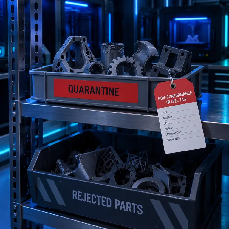 Photograph of a quarantine area on a factory floor with a red-tagged tray holding several failed 3D printed engineering parts, a clipboard with a non-conformance form and a rejected-parts bin beside it