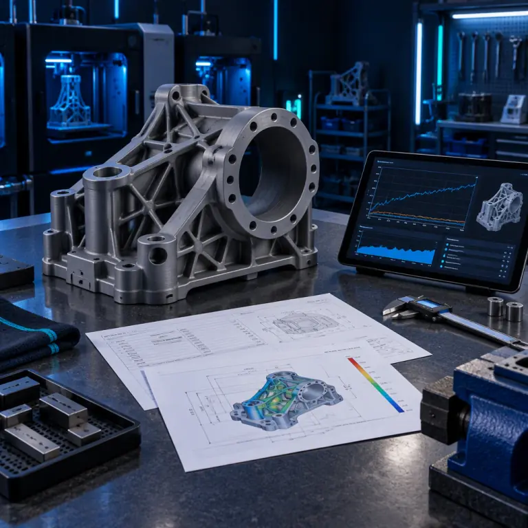 Photograph of a quality review meeting table in a 3D printing factory with a large printed part, dimensional inspection reports, a tablet showing a build log and a whiteboard with an eight-step process outline