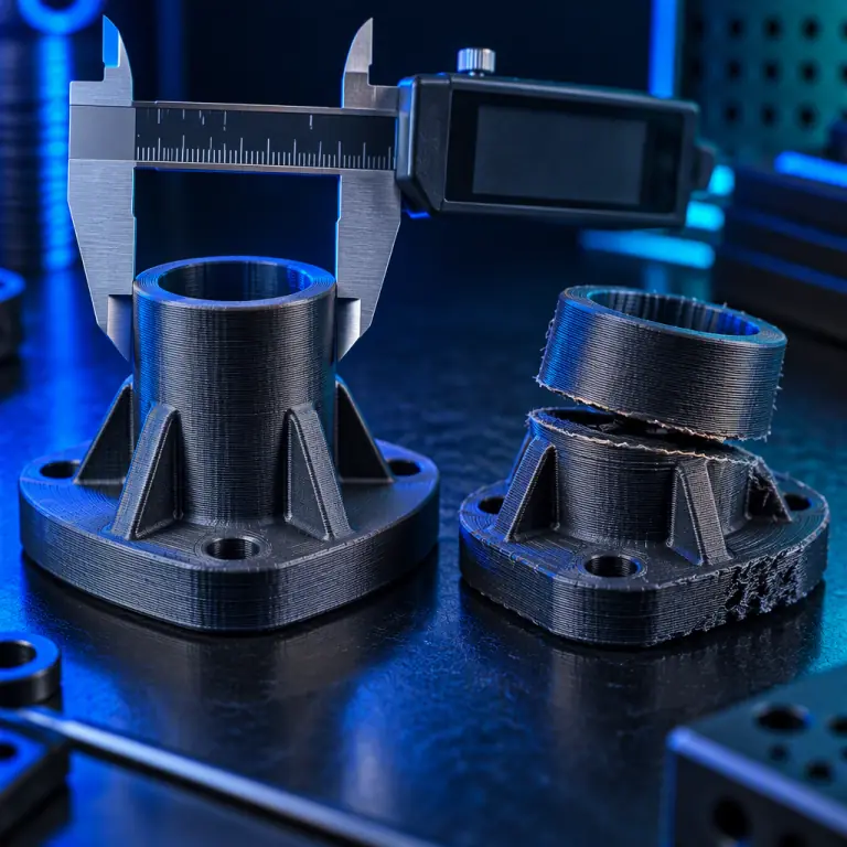 Macro photograph of a printed engineering component with a dimensional inspection report and a failed counterpart beside it on a dark surface, showing visible layer separation on the rejected part