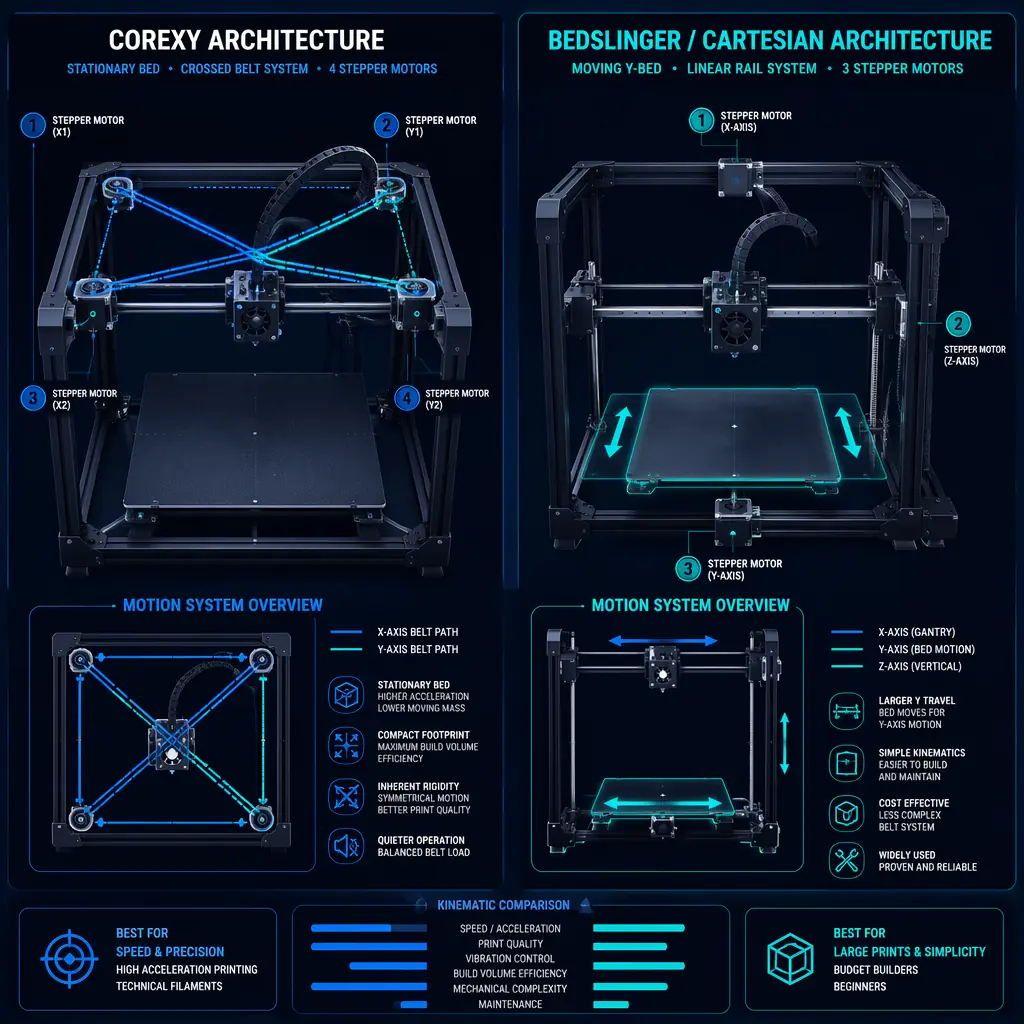 Side-by-side comparison: CoreXY belt path vs bedslinger moving-bed kinematics
