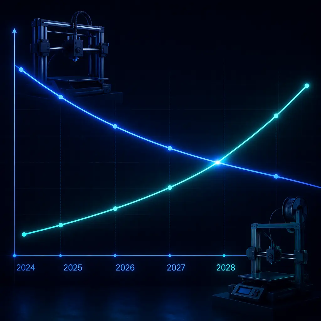 Convergence timeline: CoreXY and bedslinger cost/performance curves through 2028