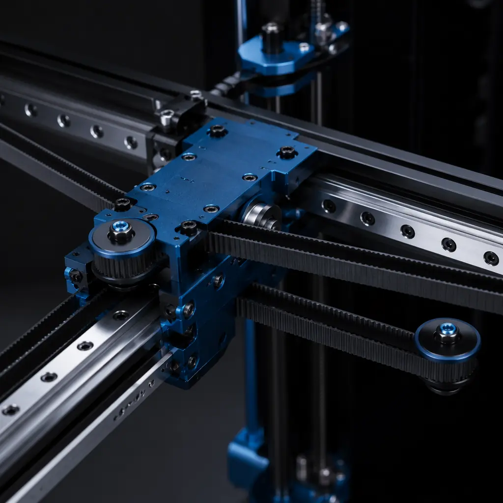 Three enclosed CoreXY 3D printers side by side on industrial workbench — Bambu Lab P1S with grey enclosure, Creality K2 Plus with dark frame, Qidi Plus4 with black industrial chassis, professional comparison product photography
