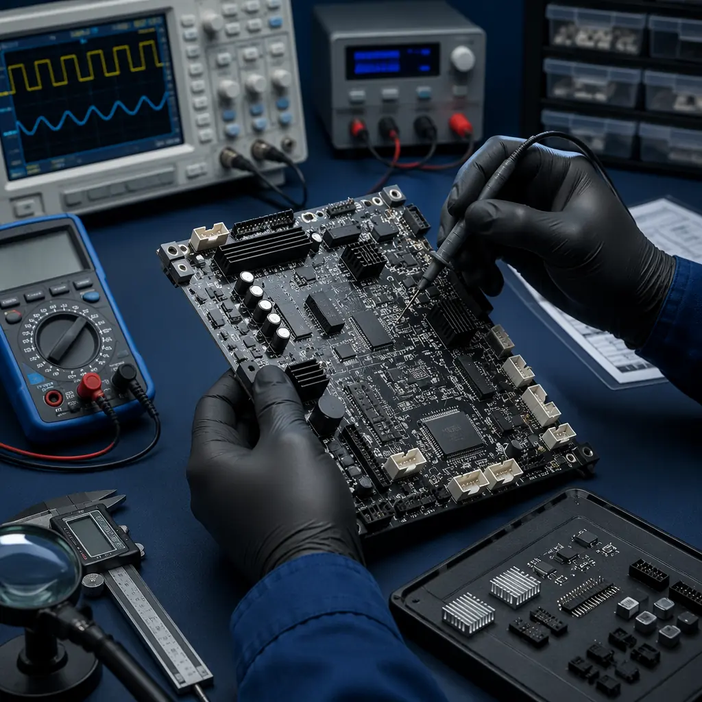 Industrial quality control inspection of 3D printer mainboard and motion system components, technician examining linear rails and belt tension with measurement tools, engineering lab setting with test equipment