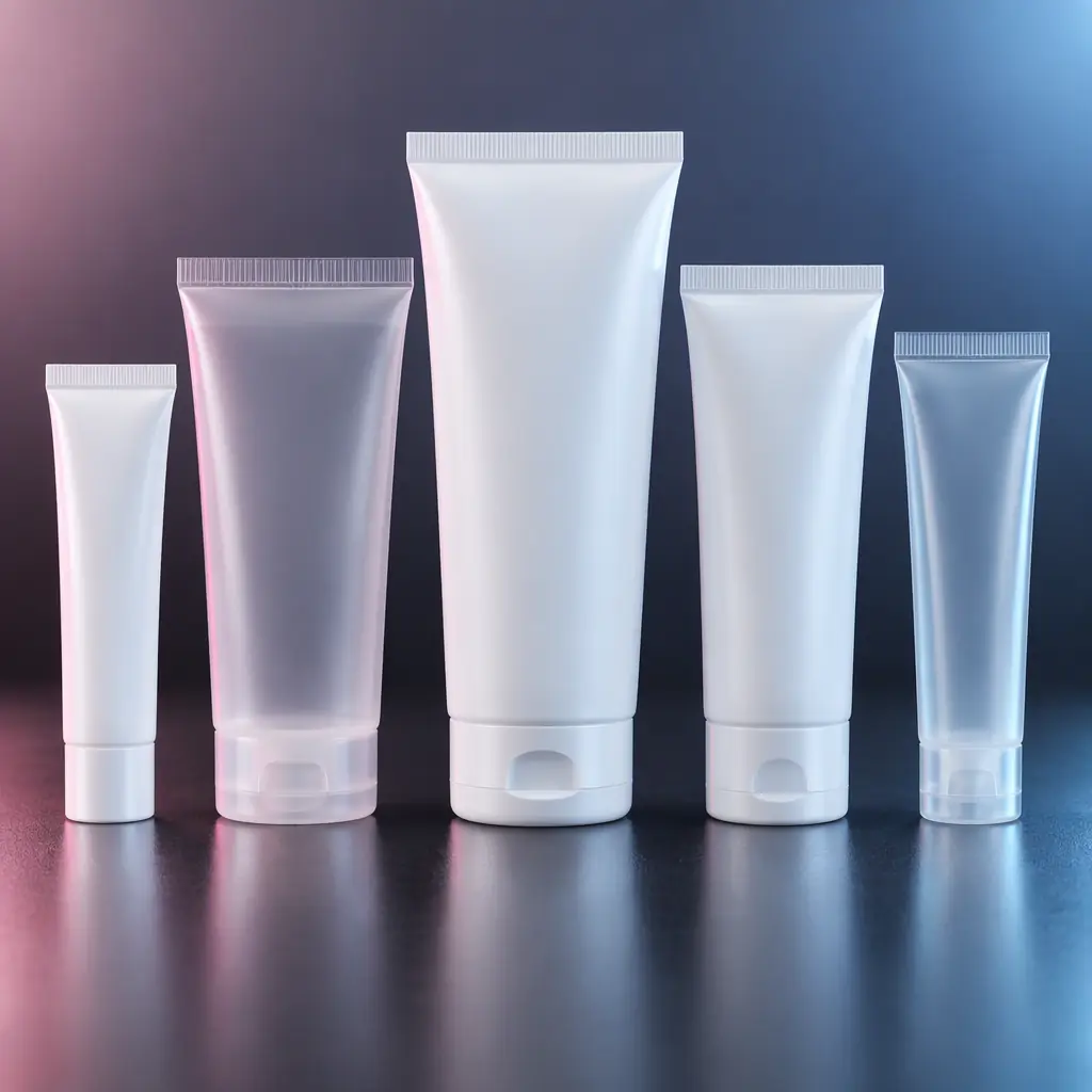 A row of prototype cosmetic tubes of different diameters and cap shapes standing on a dark reflective surface under studio lighting with a soft pink accent glow