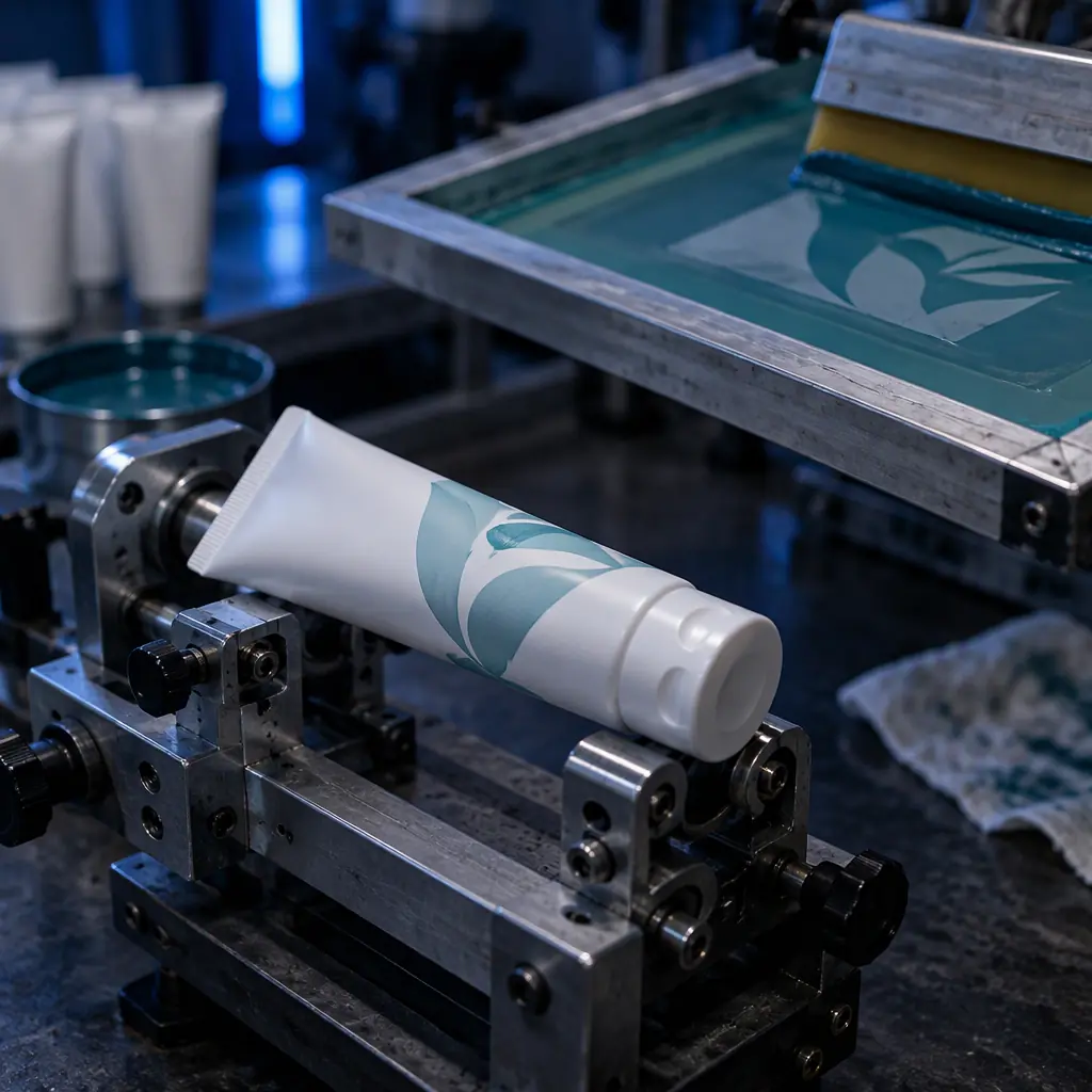 A cosmetic tube held in a screen printing fixture on a dark workshop bench, the printed decoration partly applied, blue and pink accent lighting