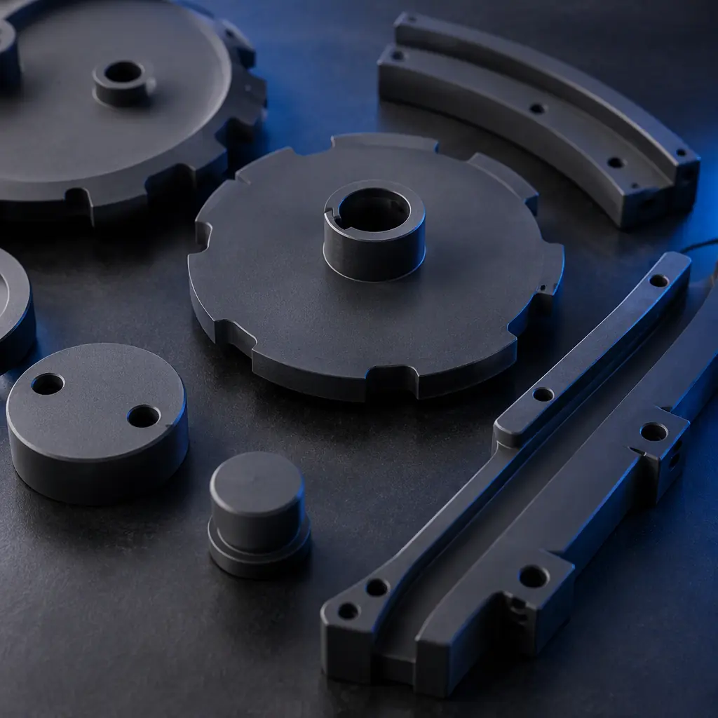 Printed plastic change parts for a cosmetics filling line, pucks and guide rails in dark engineering plastic arranged on a dark workshop bench