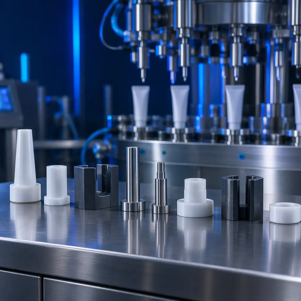 Photograph of printed change parts and mandrels laid out on an industrial stainless steel bench beside a cosmetic tube filling line nozzle assembly under cool blue lighting