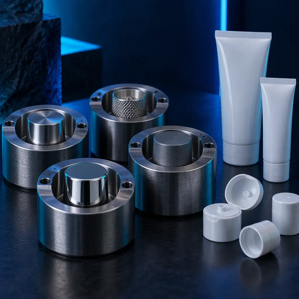 Photograph of printed cap mould inserts and decorated cosmetic tube samples arranged on a dark surface with different surface finishes visible under studio lighting