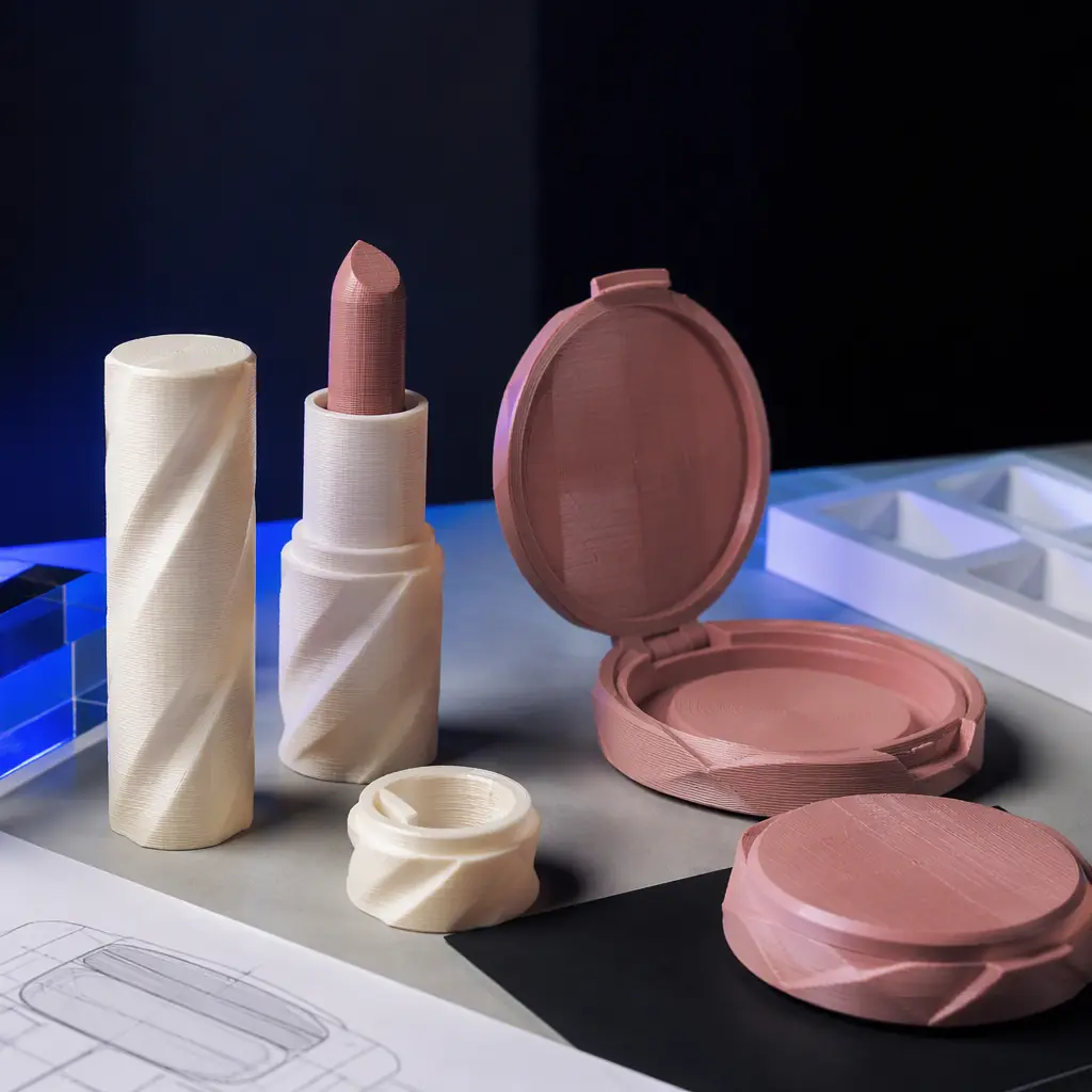 3D printed lipstick case and compact prototypes in cream and rose tones on a design studio desk, layer lines visible on unpolished surfaces, clean studio lighting, photorealistic, no people, no text, no logos