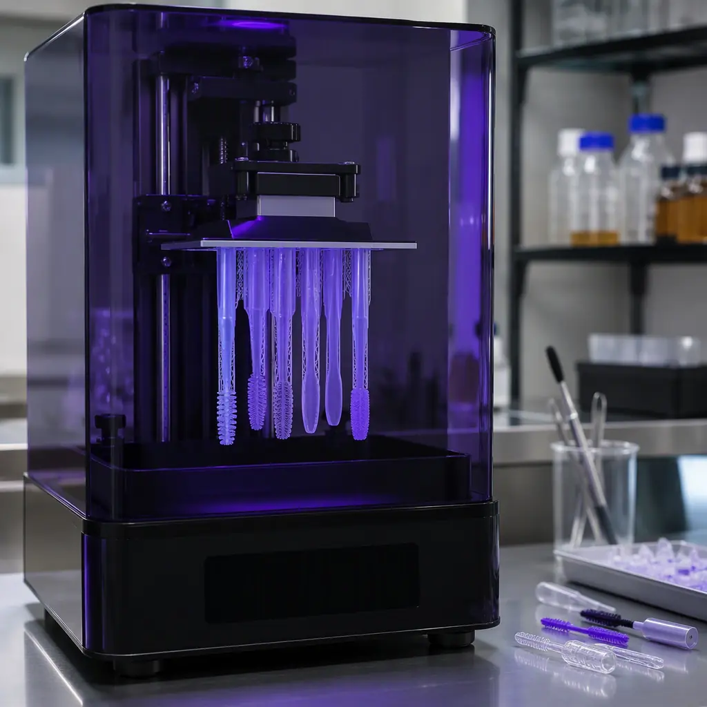 Resin 3D printer with UV cover printing a detailed cosmetic applicator prototype, printed mascara wand and lip gloss applicators on the build plate, laboratory bench, photorealistic, no people, no text, no logos