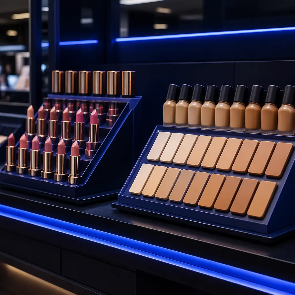 Cosmetics counter display with 3D printed tester stands holding lipstick and foundation shade swatches, retail store lighting, branded but text-free fixtures, photorealistic, no people, no text, no logos