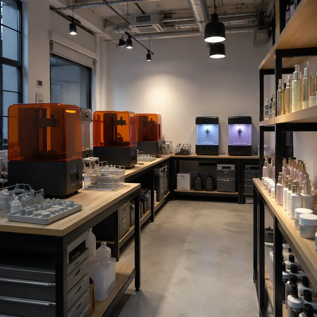Small resin print farm in a design studio, multiple resin printers on workbenches, wash and cure stations, finished cosmetic packaging prototypes on a shelf, industrial lighting, photorealistic, no people, no text, no logos