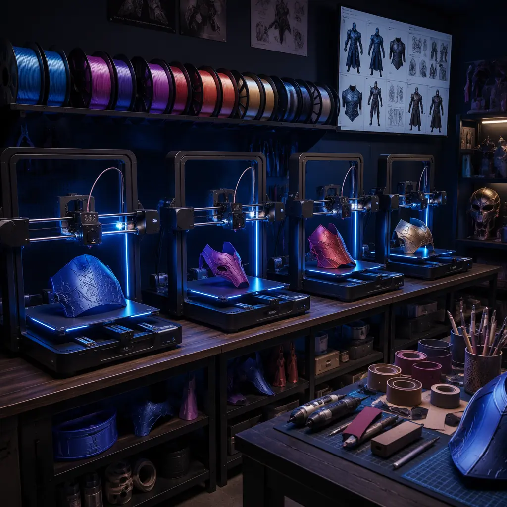 Desktop 3D printers running simultaneously in workshop, multiple build plates with cosplay helmet and armor parts in various stages of printing, PLA+ filament spools on rack, LED-lit print chambers, creative maker workspace with reference images on wall, organized tools and supplies