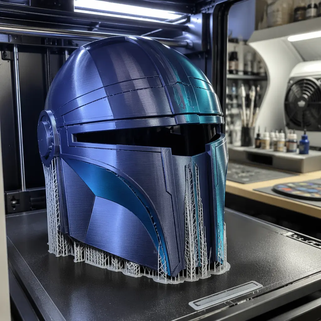 Close-up of 3D printed cosplay helmet fresh off build plate, layer lines visible but uniform, PLA+ filament with metallic silk finish, support material being removed, organized workshop with sanding station visible in background, reference cosplay images on monitor