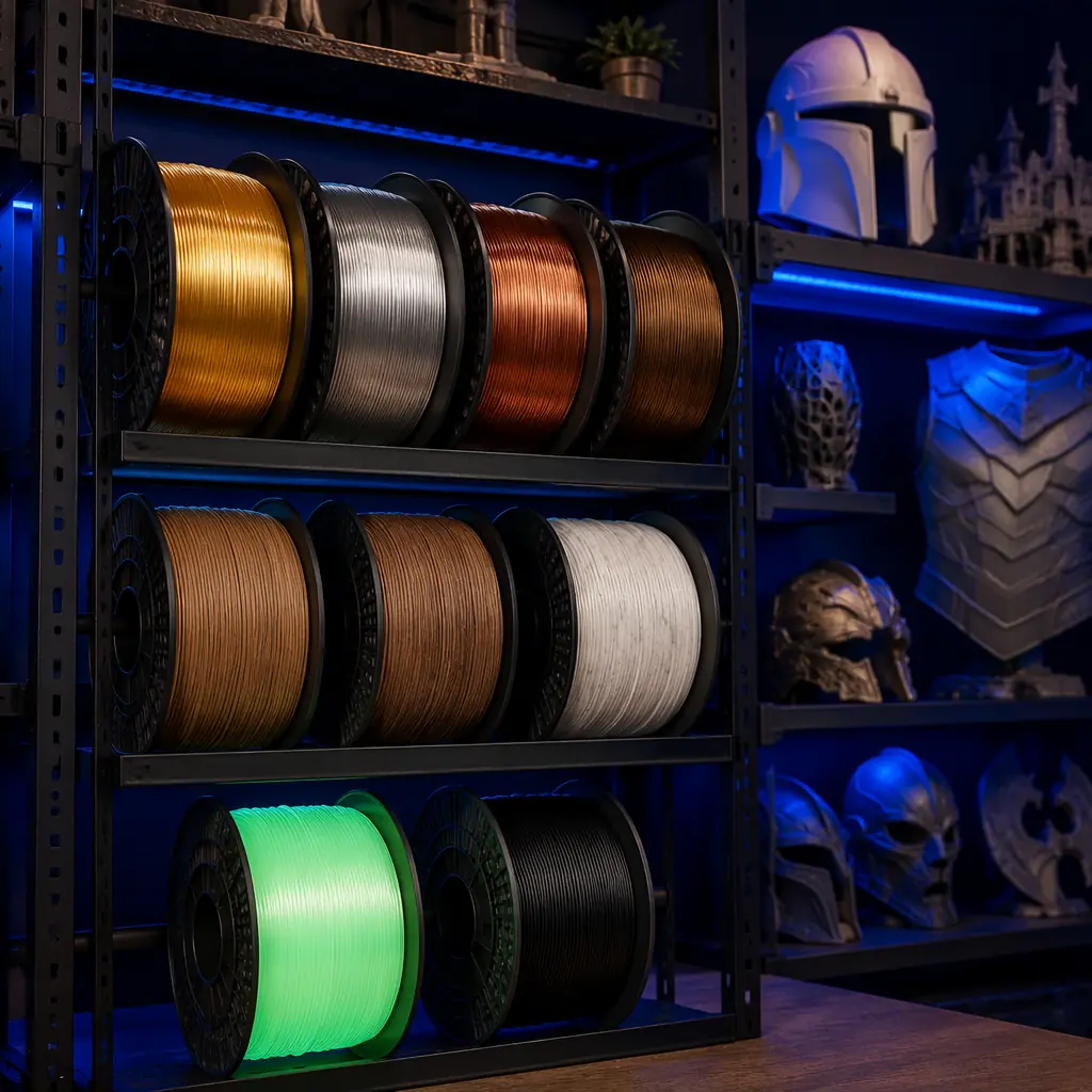 Colorful array of specialty 3D printer filament spools on shelf — silk metallic gold, silver, copper, wood-filled, marble, glow-in-the-dark, and flexible TPU — organized by color and type, in creative maker workshop with cosplay props and helmets on display shelves in background