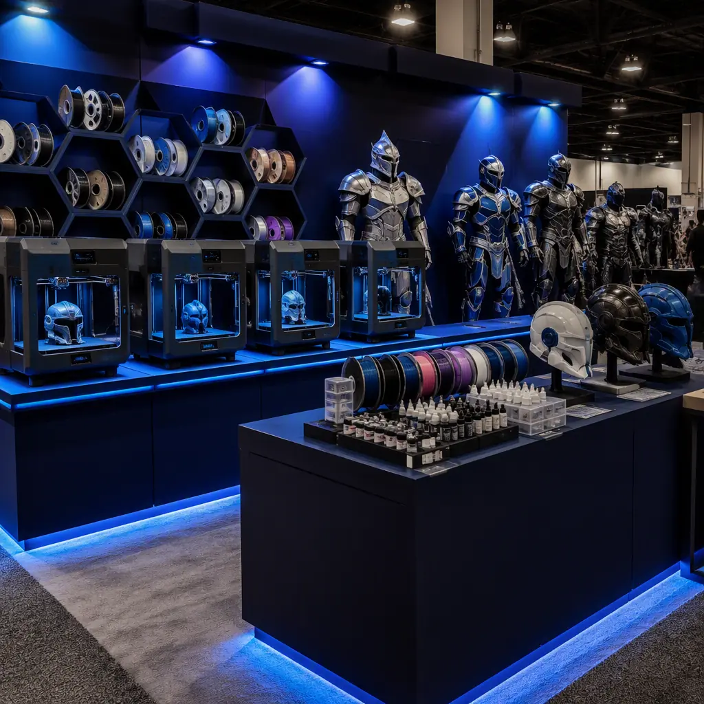 Trade show booth at comic convention with 3D printers running live demonstrations, finished cosplay armor and helmets on display mannequins, filament samples and post-processing supply kits on table, attendees examining printed props, energetic convention hall atmosphere