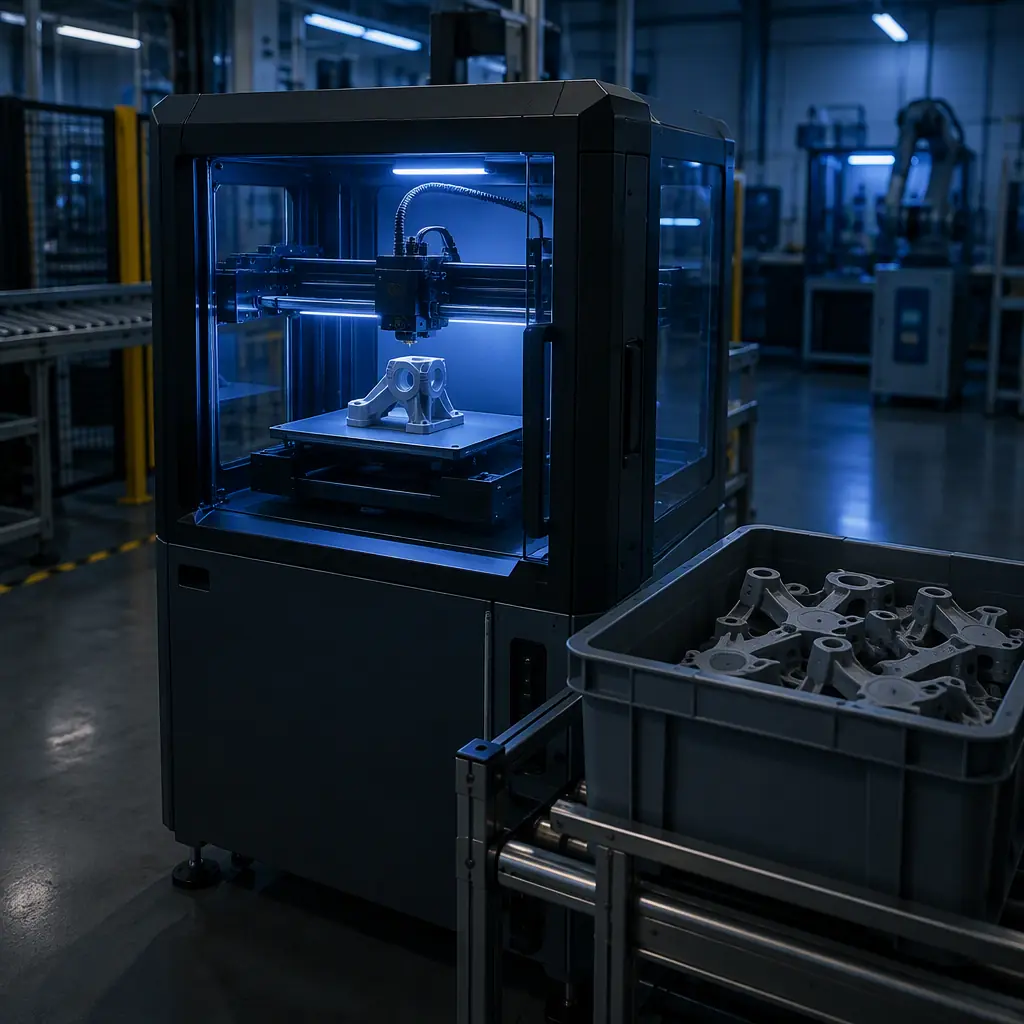 Photograph of a small 3D printer production cell on a factory floor with the machine running and a bin of finished grey parts beside it