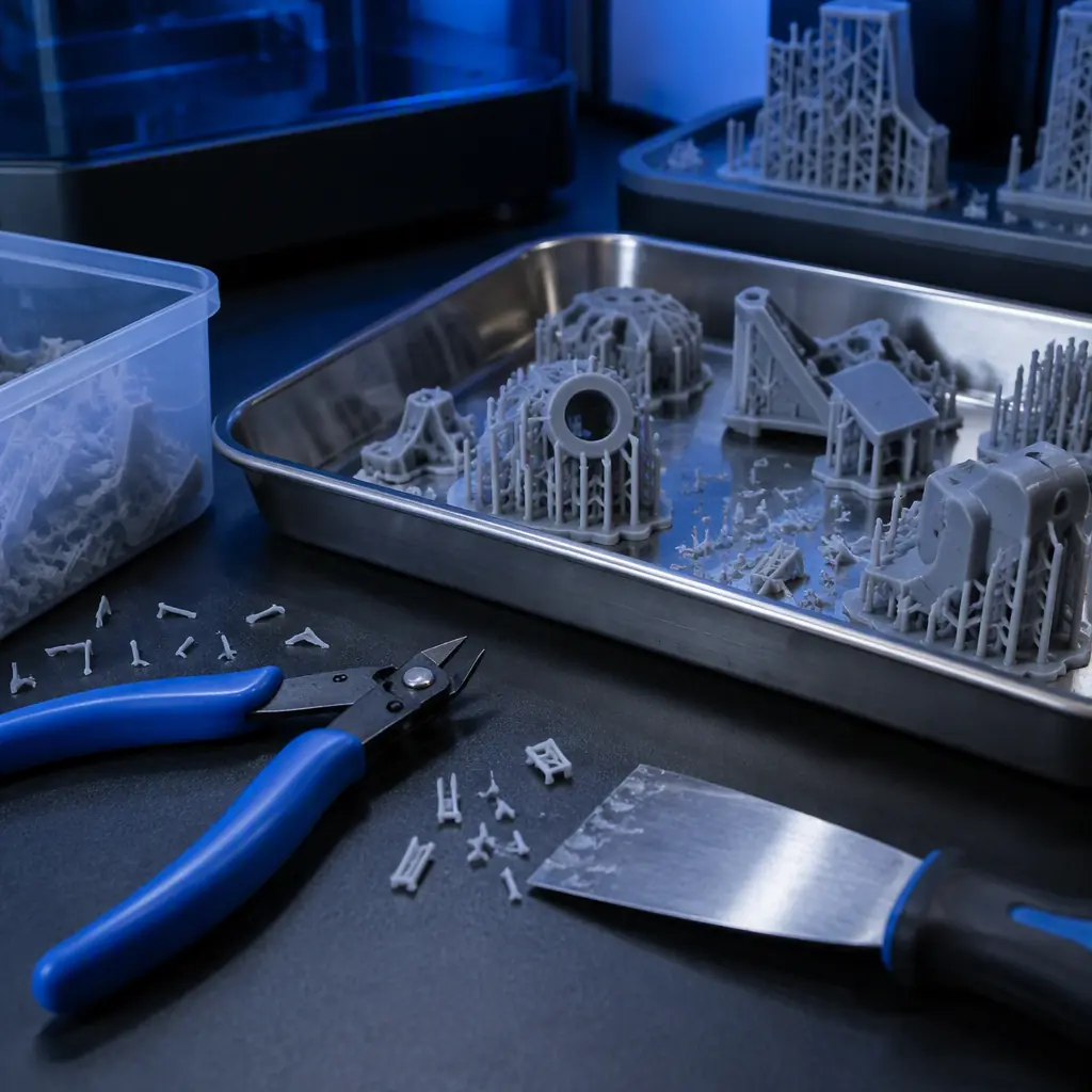 Macro photograph of support removal tools including precision pliers and a scraper on a dark matte bench beside a tray of printed parts with support remnants