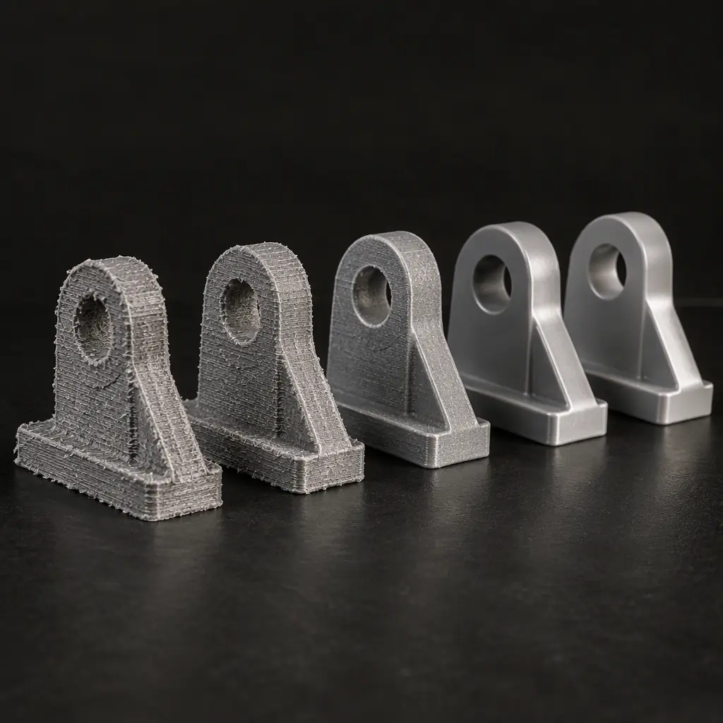 Photograph of a row of identical grey 3D printed parts arranged from rough unfinished to smooth finished on a dark surface showing the finishing progression