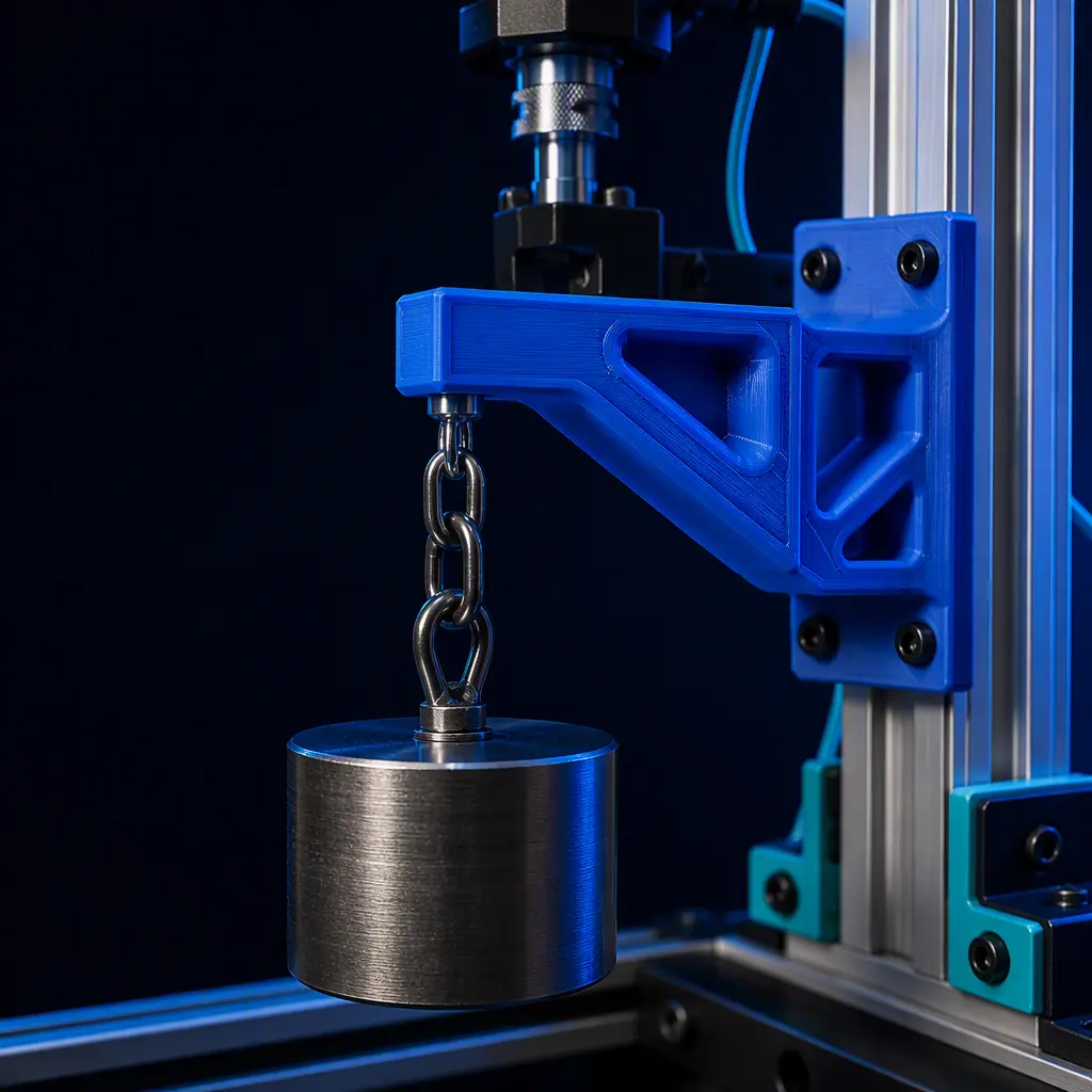 Workbench with a printed bracket holding a suspended weight in a stress rig, slow deformation test