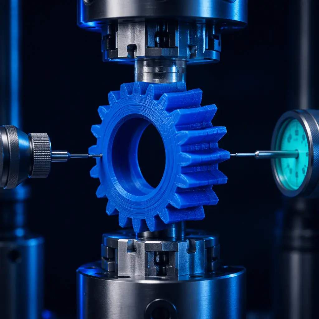 Close-up of a printed gear being stress-tested on a load frame with engineering gauges