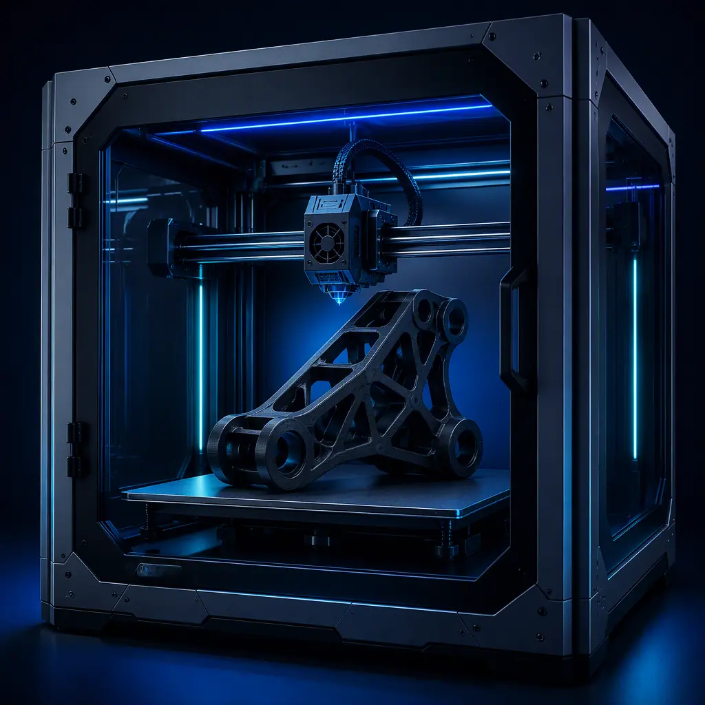 3D printer producing a load-bearing engineering part in an enclosed chamber with a rigid frame